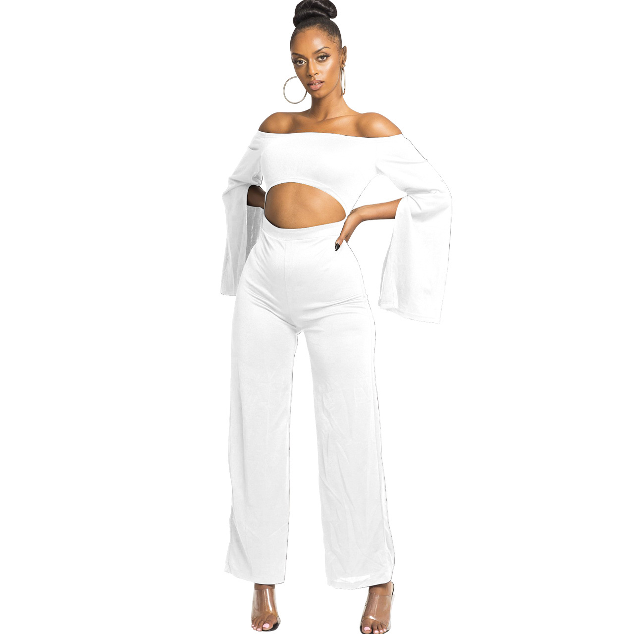Boutique Casual Solid Color Long Sleeves Cropped off Shoulder Jumpsuit
