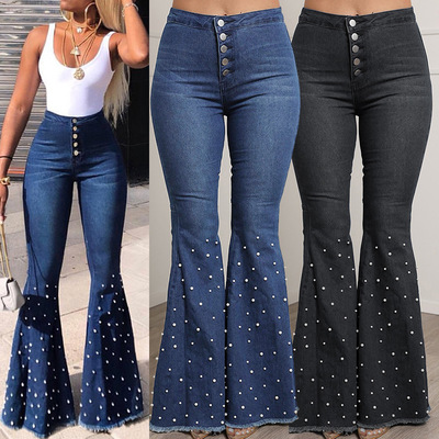 Blue colored jazz dance Stretch jeans singers stage preformance Beaded flared pants for woman