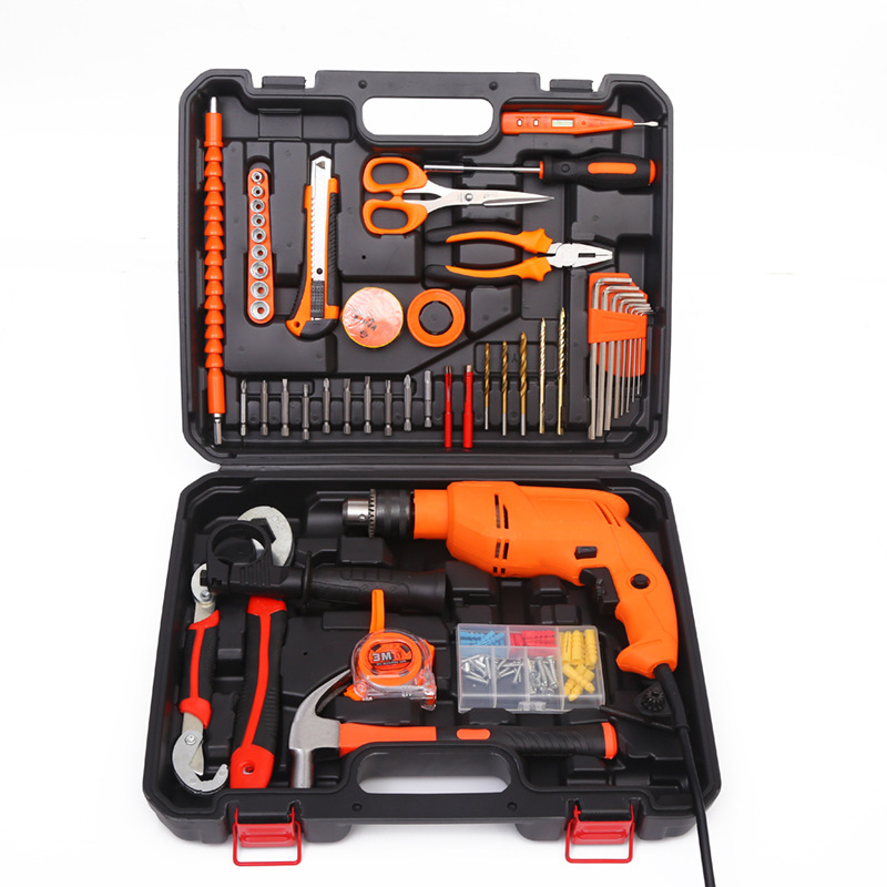 Taladro de mano para el hogar multifunción taladro de impacto traje taladro eléctrico pequeña caja de herramientas conjunto pistola de mano taladro personalización