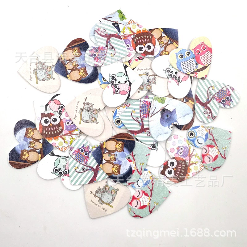 DIY painted wooden owl peach heart wood buttons for children's handmade buttons for 50 per pack