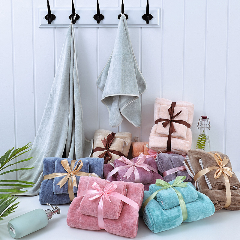 Factory wholesale internet celebrity coral fleece towel bath towel suit quick-drying plain soft thick absorbent towel set