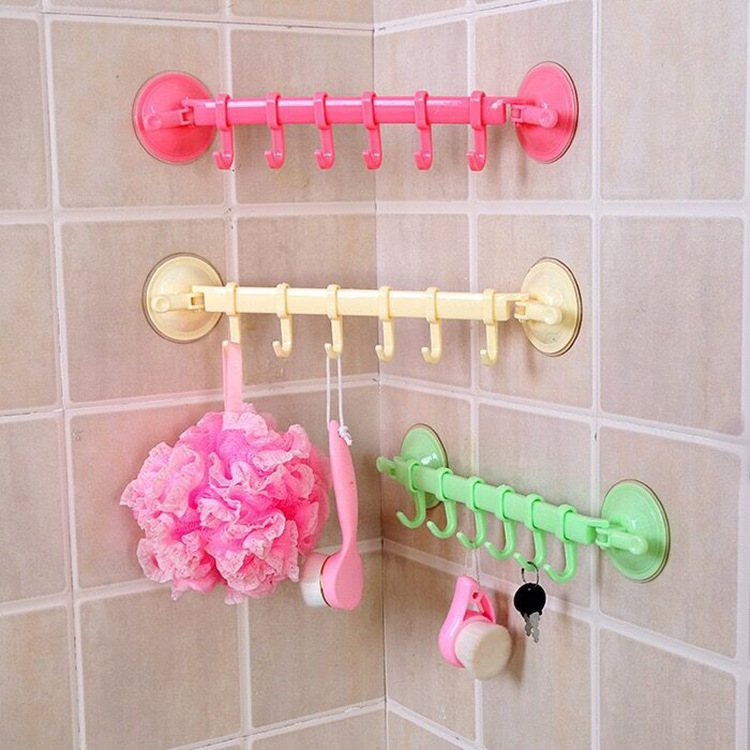 pinkycolor No trace Locking type Powerful sucker 6 Hooks Free nail Bathroom towel rack cupboard Liulian Hooks