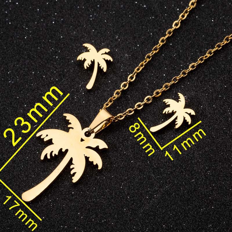 Fashion Moon Coconut Tree Fish Bone Stainless Steel Plating Hollow Out Earrings Necklace 1 Set display picture 7