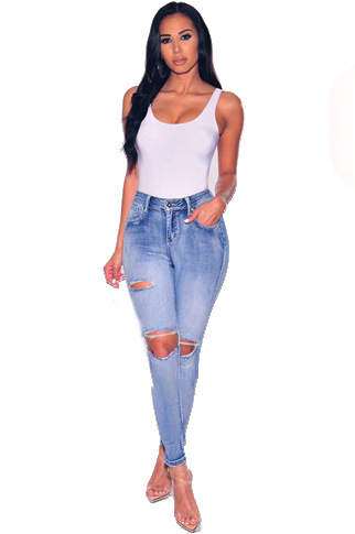 sexy solid color ripped low-rise slim jeans NSYB65171