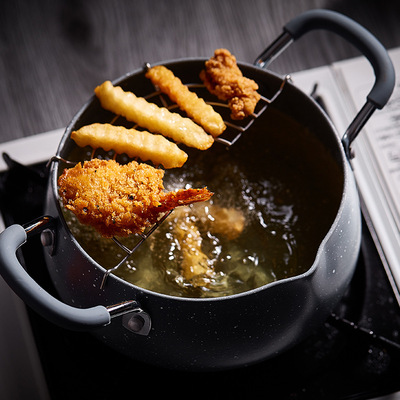 麦饭石款18cm天妇罗油炸锅牛皮纸盒中性包装带沥油架户外便携野炊|ms