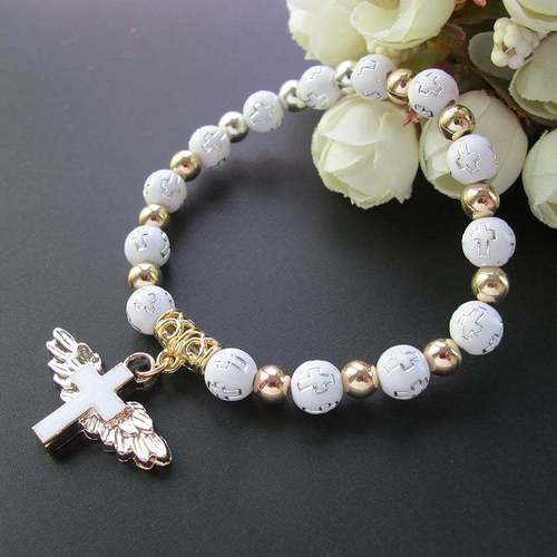 2pcs Angel Wings Acrylic Cross Bead Bracelet Oil Drop Angel Baby Baptism Cross Rosary Bracelet