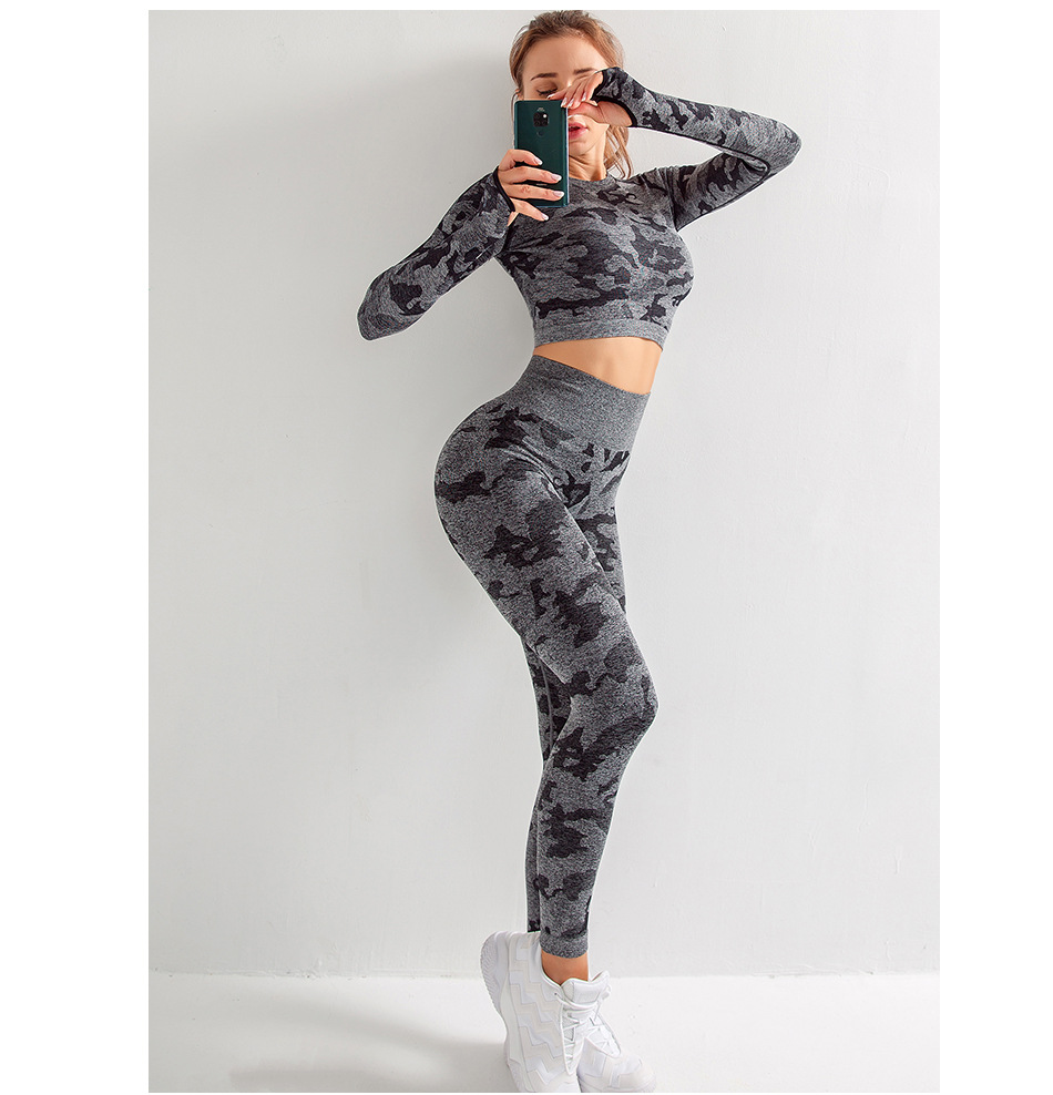 camouflage long sleeve hollow top high waist trousers two-piece yoga set NSYWH127928