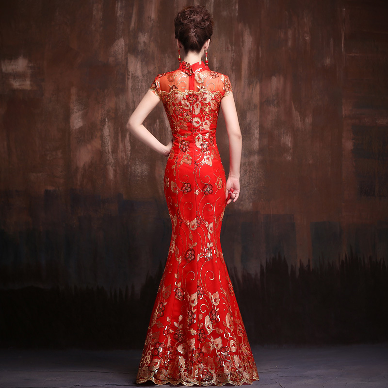 thumbnail image 3 of Vestido de novia para brindis de boda, cheongsam rojo de bienvenida, cola de pez, vestido de coro para actuación en el escenario, vestido de etiqueta largo, 3 of 6