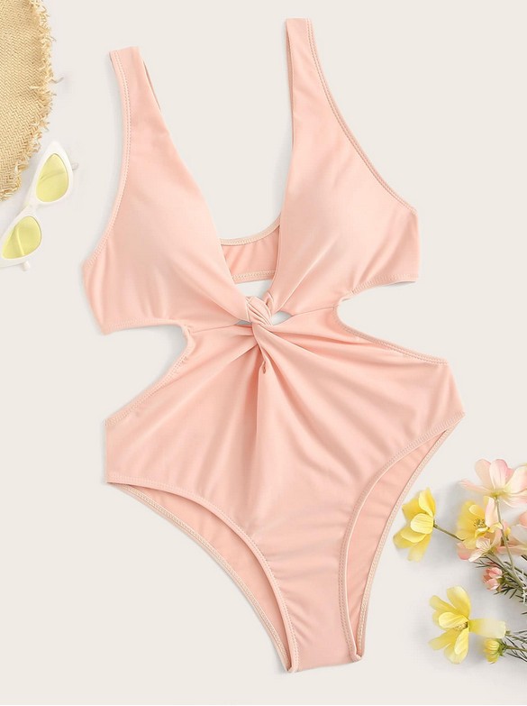 chest twist solid color one-piece swimwear NSHL52255