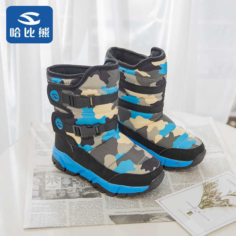 创意款冬季儿童雪地靴女童加绒防水男童鞋保暖迷彩棉鞋中大童短靴