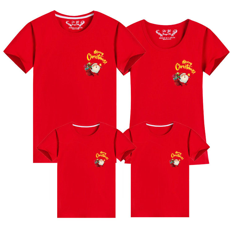 Santa Claus Day 2026 Parent-Child Rat Year T-Shirt Short Sleeve with Chest Label for a Family of Three or Four, Red Mother-Daughter Outfit