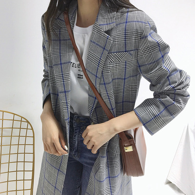 【ROCU若初】千鸟格风衣女中长款春季新款韩版格子西装外套1069|ms