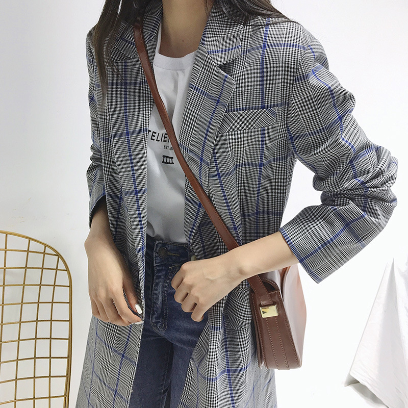 【ROCU若初】千鸟格风衣女中长款春季新款韩版格子西装外套1069|ms
