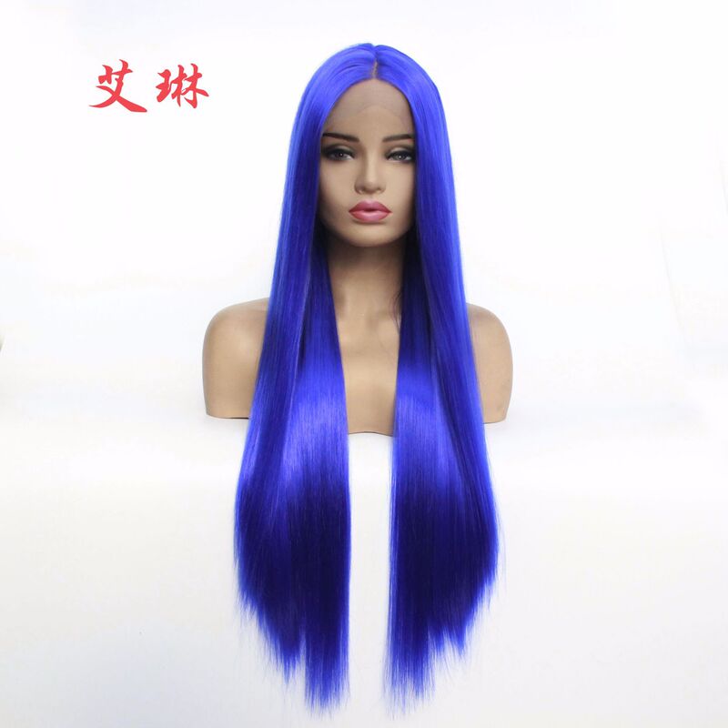 Long straight hair wig European and American fashion sapphire blue long hair cartoon wig chemical fiber front lace half hand woven head cover foreign trade