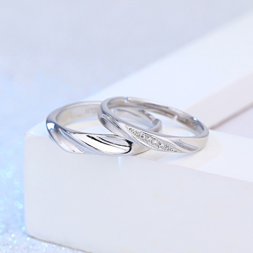 Cross-border Korean-style Silver-Plated Open-Style Unisex Ring | Simple Diamond-Inlaid Couple's Adjustable Matching Rings for a Lifetime Together