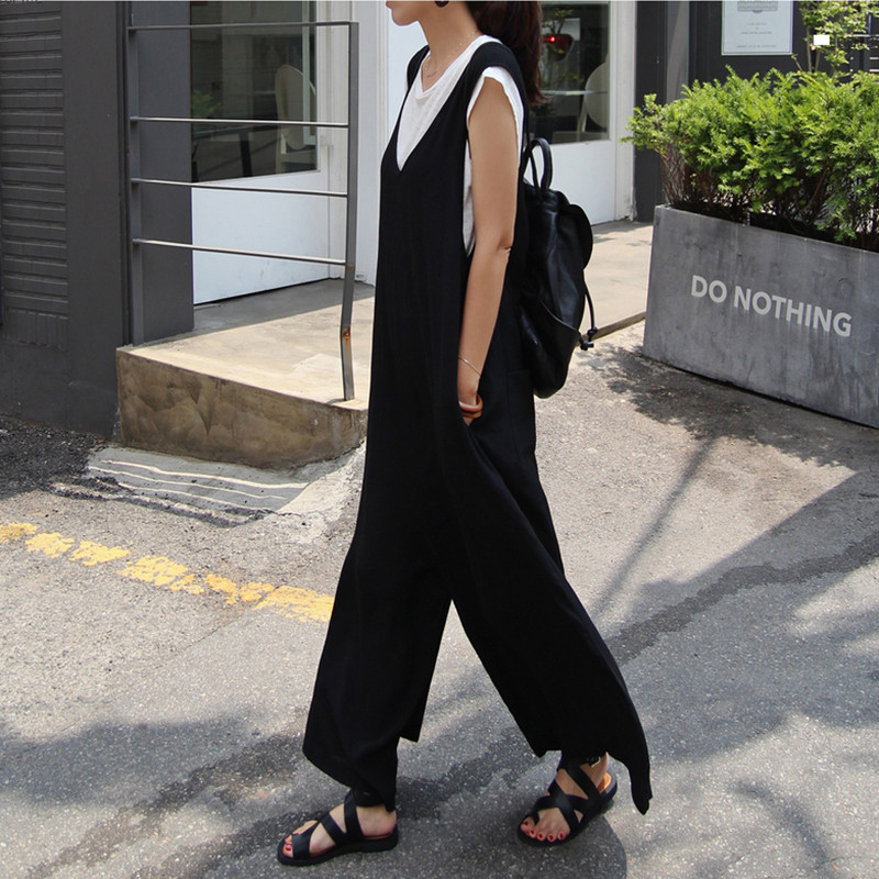 Cross-border Supply Summer New Style Overalls Women's Loose plus size Wide-leg Jumpsuit Student's Casual Cotton and Linen Nine Points