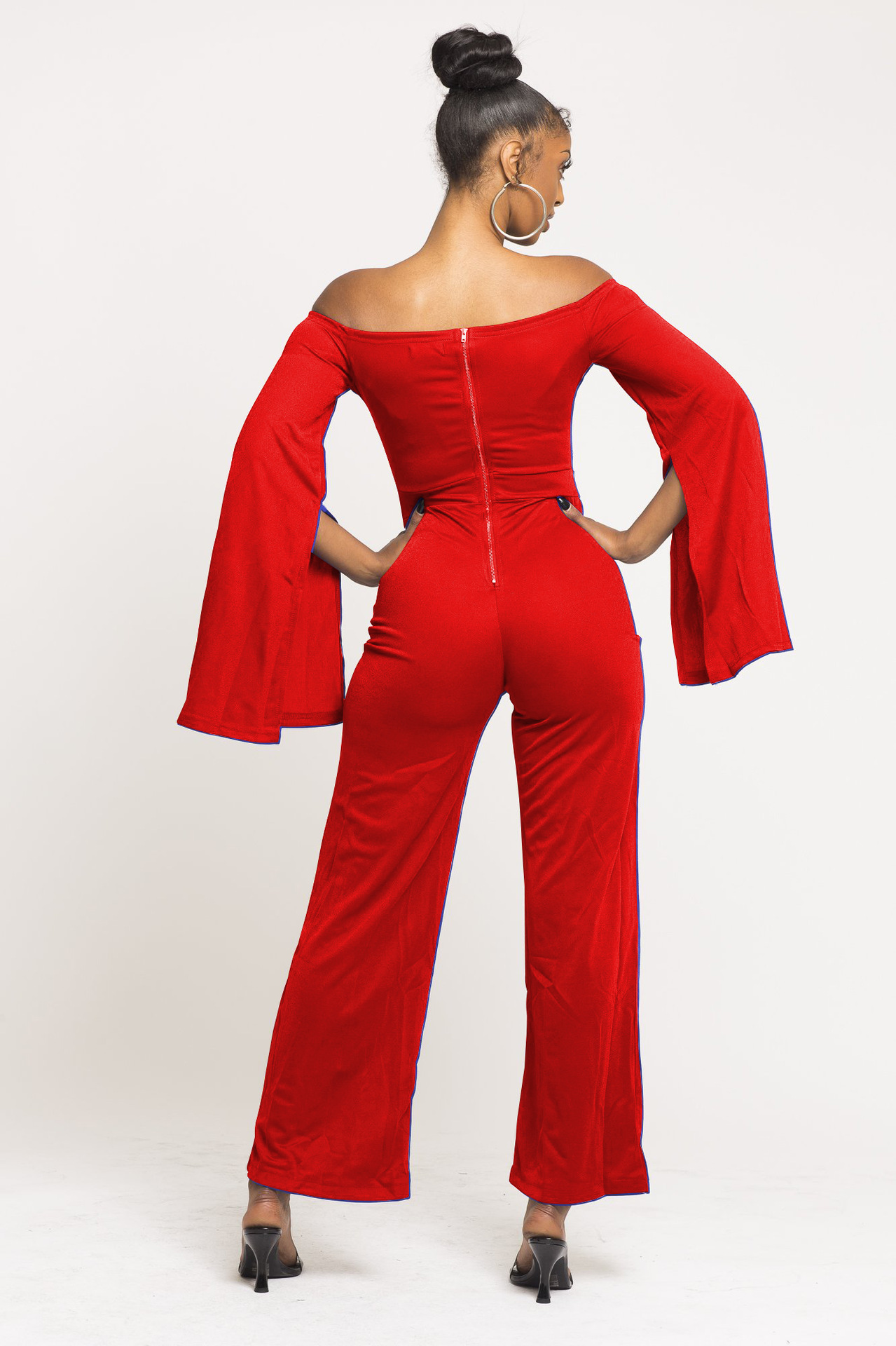 Boutique Casual Solid Color Long Sleeves Cropped off Shoulder Jumpsuit