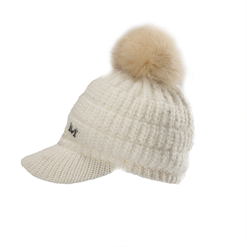 Korean version of women's autumn winter new plush and thickened warm duckbill with M large woolen ball knitted yarn hat_voghion.com
