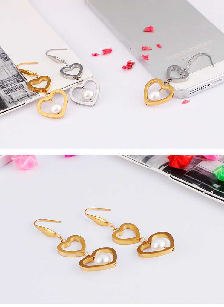 New Style Titanium Steel Double Heart-shaped Pearl Earrings Wholesale Nihaojewelry display picture 3