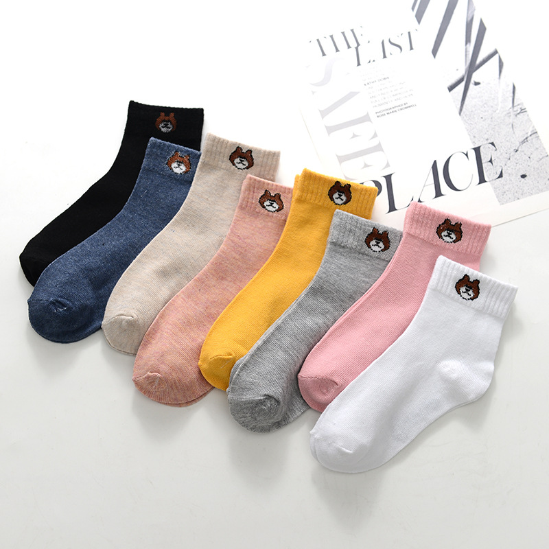 2019运动中筒女袜网红学院风可爱卡通图案女士棉袜 小熊透气女袜
