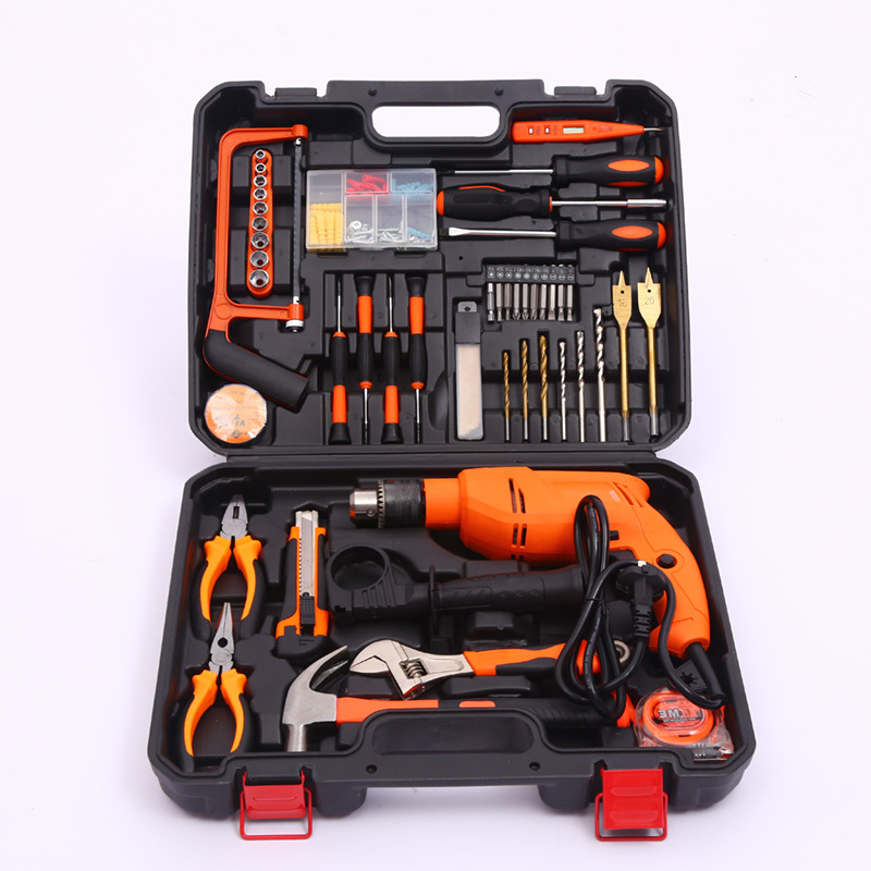 Taladro de mano para el hogar multifunción taladro de impacto traje taladro eléctrico pequeña caja de herramientas conjunto pistola de mano taladro personalización