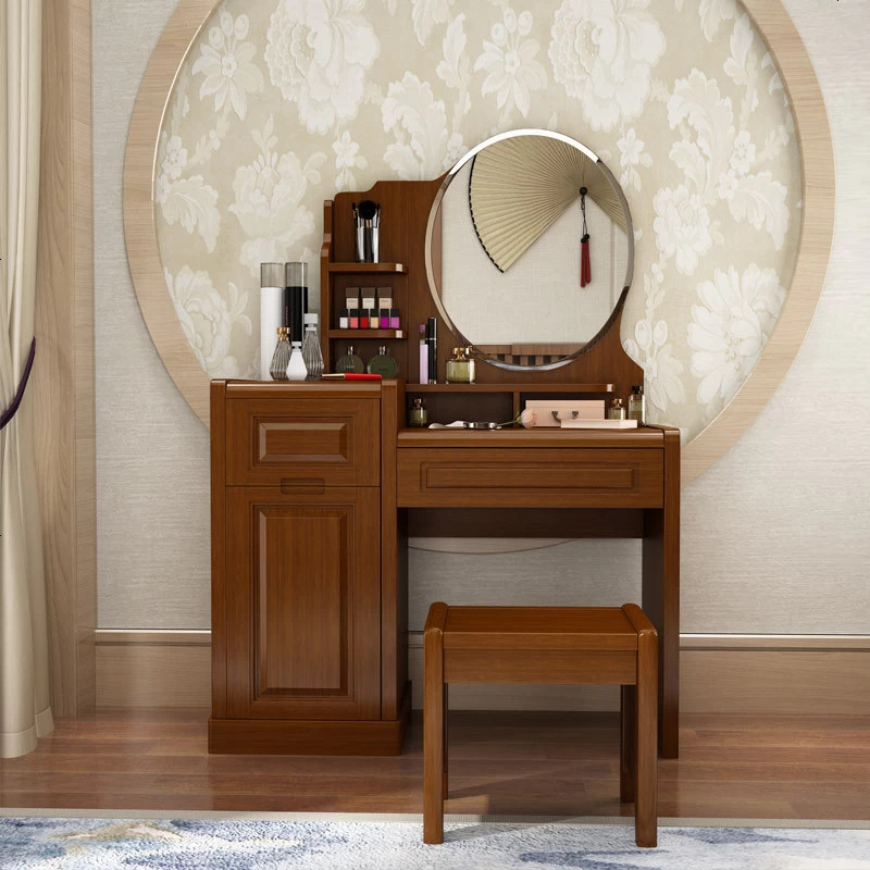 现代中式实木梳妆台婚房圆形化妆镜 橡胶木化妆台 卧室简约化妆桌