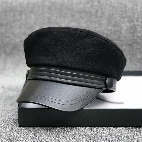 Black Woolen Beanie for Women Autumn/Winter Korean Style Trend Duckbill Hat Fashion Versatile Flat Top Hat for Men with Large Headsize Octagonal Hat