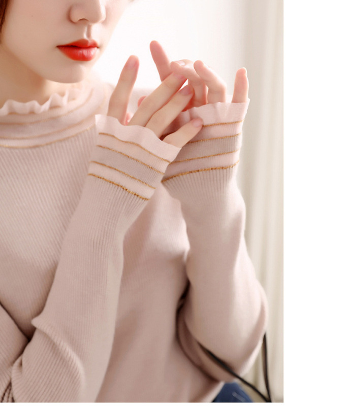 Korean-Style Organza Ruffled Collar Slim-Fit Ribbed Knit Base Shirt Wool Knit Sweater Round Neck