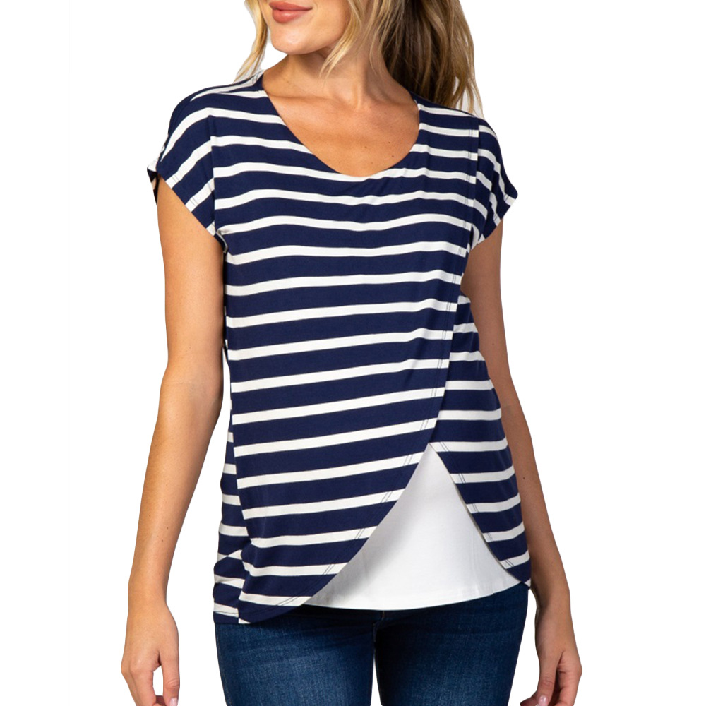 Stitching Short Sleeve Striped Breastfeeding Maternity Tops NSHYF116745