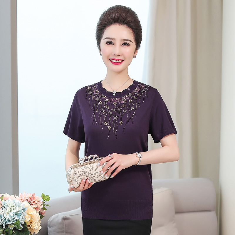 時尚媽媽夏裝冰絲針織衫圓領短袖蕾絲領T恤中老年女裝大碼寬松上