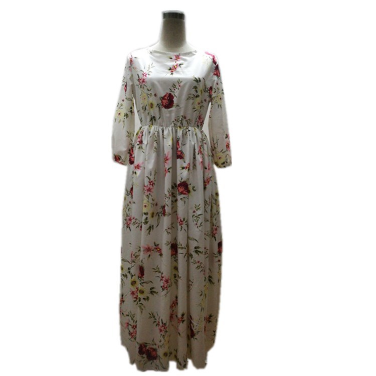 Robe ceinture transfrontalière à imprimés européens et américains, style bohème, col rond, manches trois-quarts, jupe longue._voghion.com