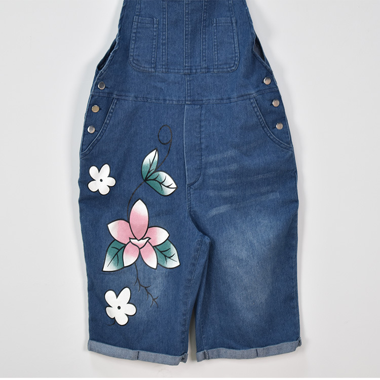 Damen Latzhose Jeans Mit Blumen - Stretch Overall Sommer Boho Style