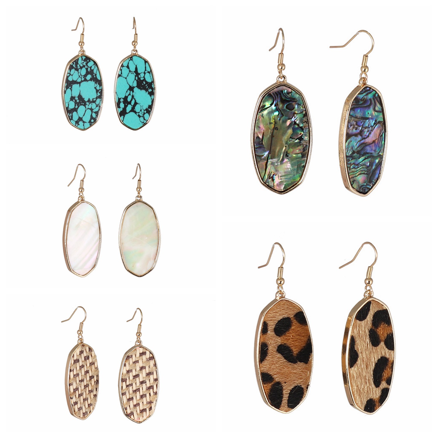 1 Pair Retro Oval Leopard Alloy Straw Inlay Pu Turquoise Shell Women's Drop Earrings display picture 1