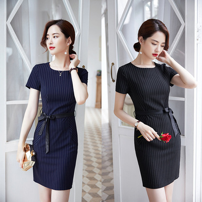 职业女连衣裙假两件套裙短袖夏季新款修身工装面试条纹裙厂家直销