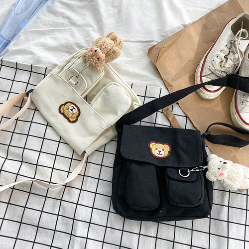 Korean ins cute little bear vintage style crossbody bag Japanese style Harajuku girl chic soft girl shoulder canvas bag