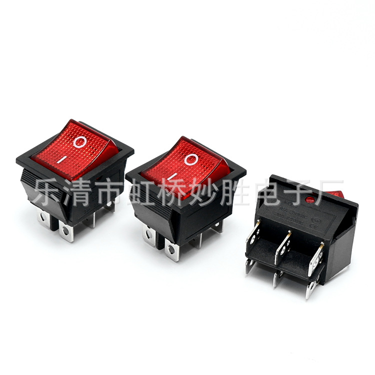 船型开关KCD4-202翘板船形开关12V电源开关 6脚2档红色带灯铜脚