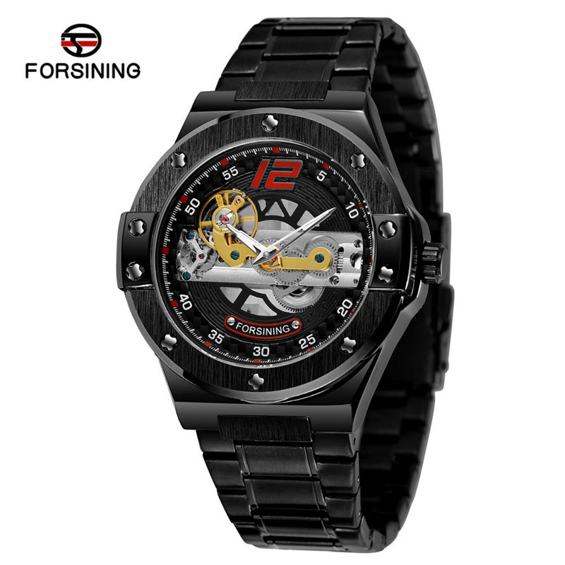 Forsining Fusini correa de acero de los hombres casual reloj mecánico automático transparente inferior hueco motocicleta reloj 897