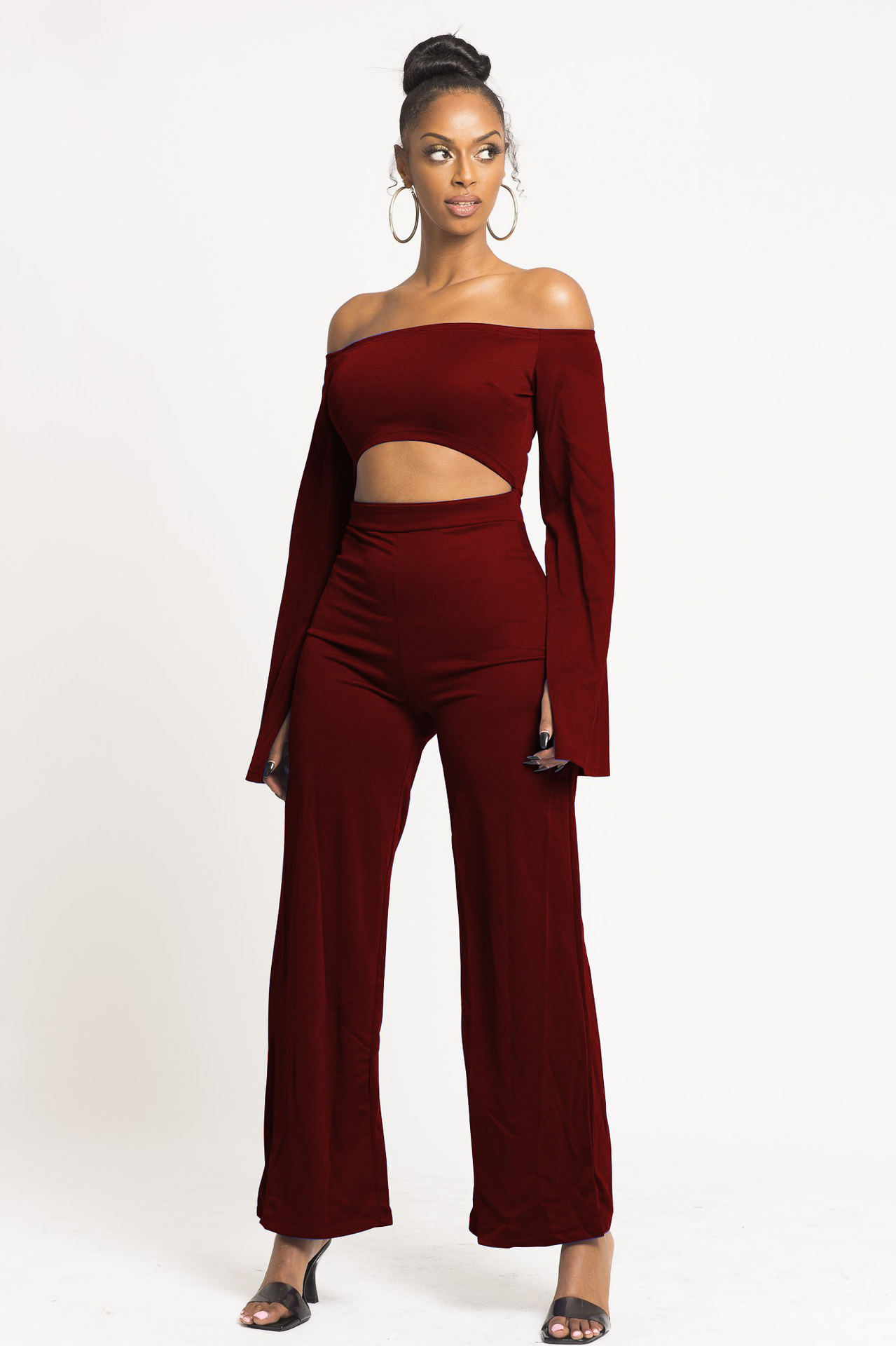 Boutique Casual Solid Color Long Sleeves Cropped off Shoulder Jumpsuit