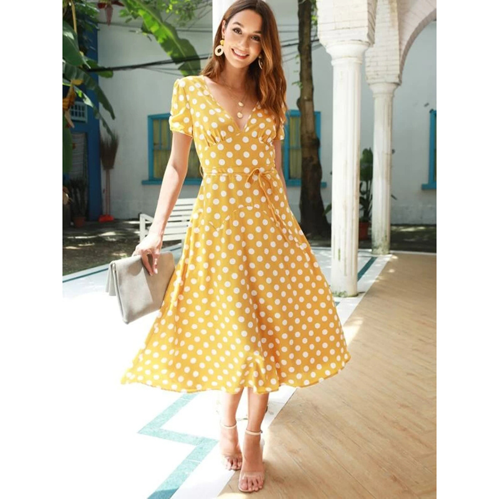 polka dot deep v mid-length high-waist lace-up short-sleeved dress  NSSA40045