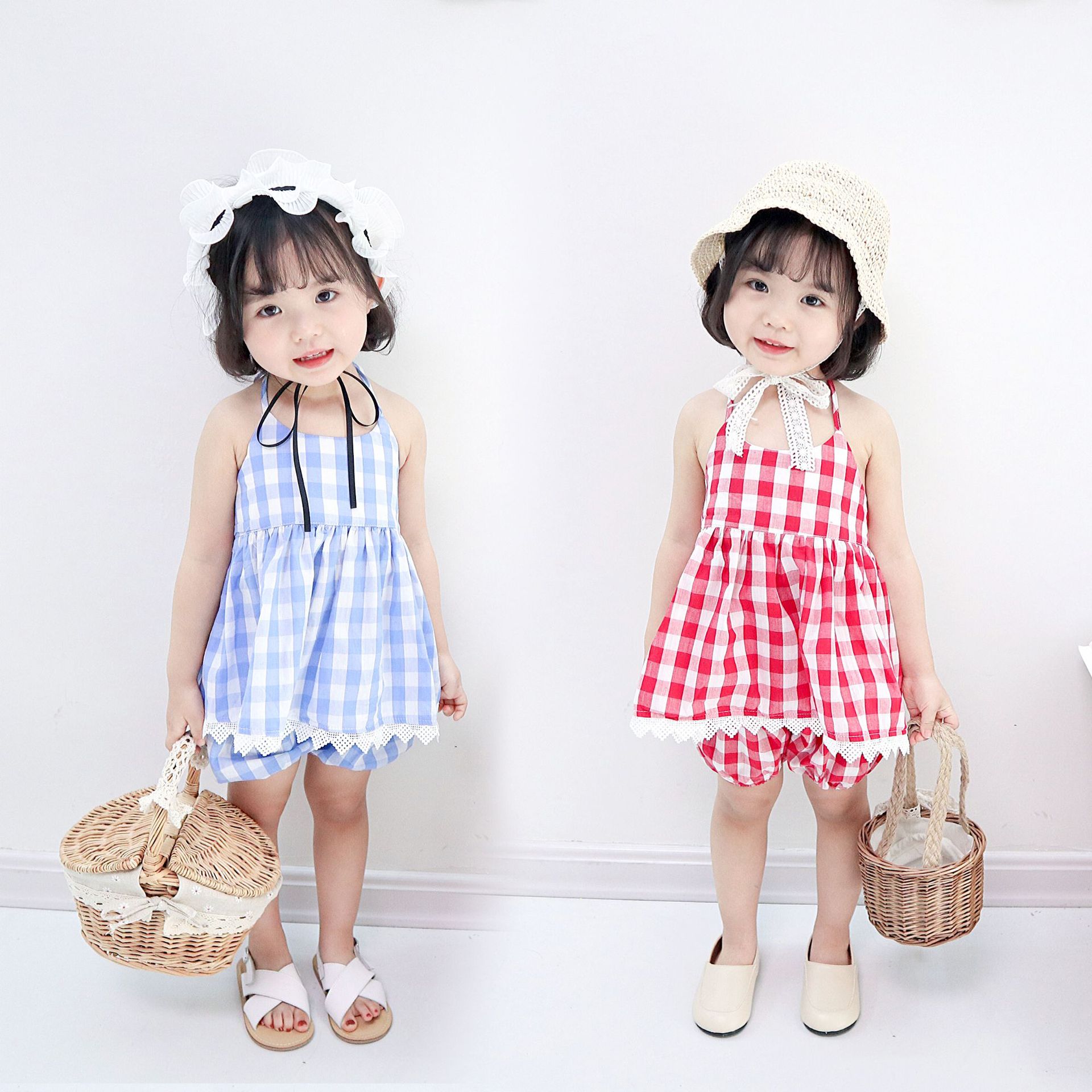 女童夏季格子套装纯棉花边两件套2019新款欧美风儿童服装|ms