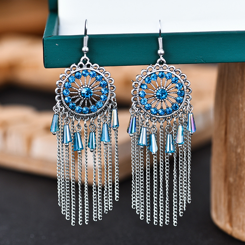 1 Pair Ethnic Style Round Tassel Alloy Plating Inlay Artificial Diamond Women's Drop Earrings display picture 3