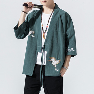 Green men Cotton hemp embroidery national cardigan Kimono Hanfu tang suit