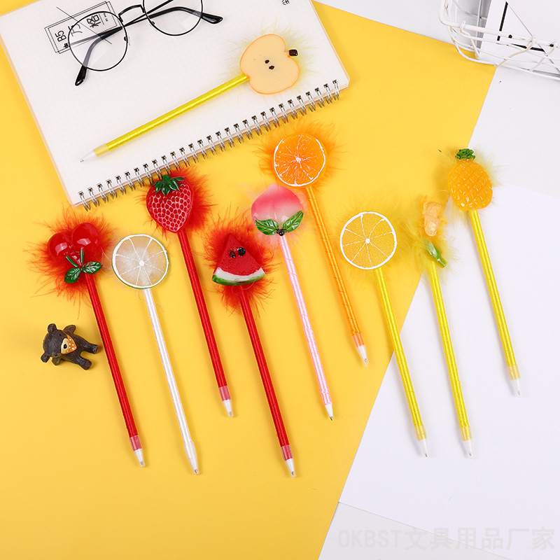 Peluche lindo bolígrafo decorativo creativo dibujos animados fresa piña melocotón bolígrafo soporte muestra configuración