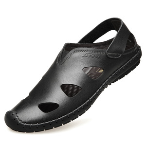 夏季新款爸爸凉鞋头层牛皮男士休闲鞋镂空两用中老年包头洞洞鞋男