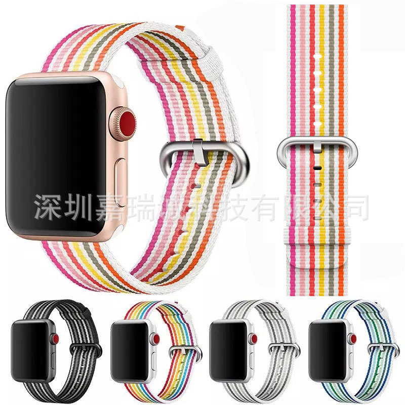 适用苹果尼龙编织表带圆扣条纹尼龙表带Apple iWatch尼龙运动表带