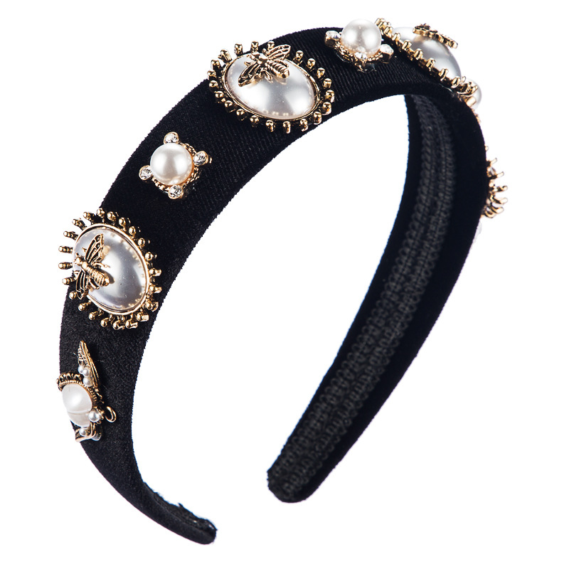 Baroque Style Hair Accessories Black Gold Velvet With Rhinestone Alloy Bee And Pearl Female Hair Hoop display picture 6