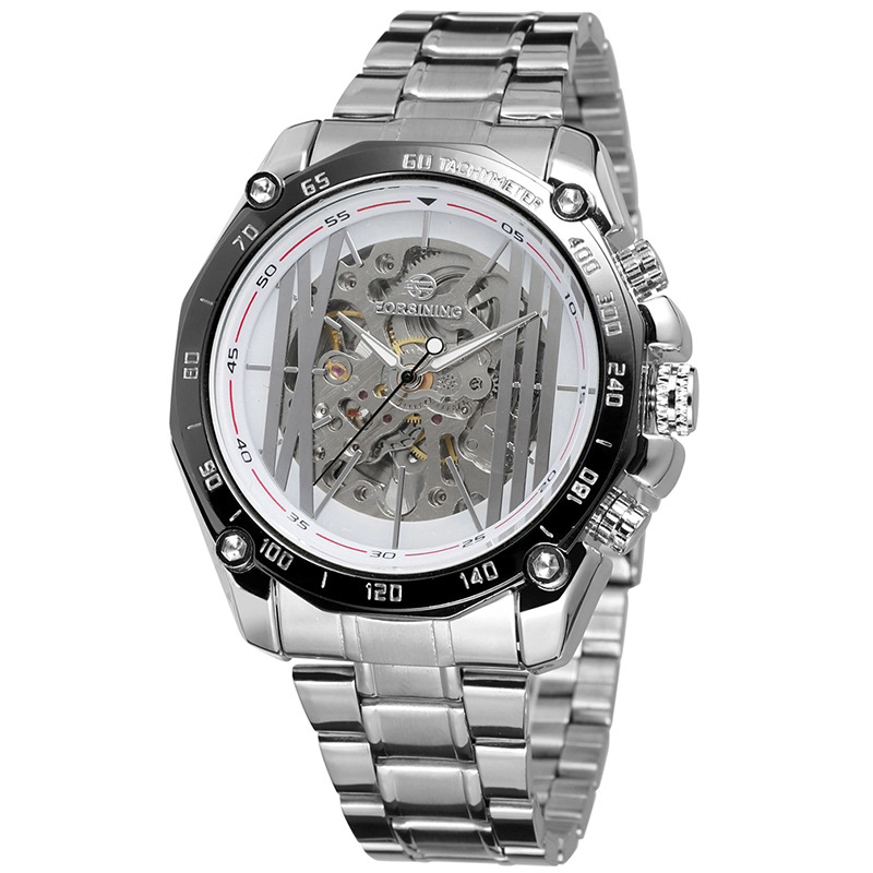 Forsining Fusini hombres de moda reloj mecánico automático hueco-fuera transparente inferior acero cinturón reloj mecánico 427