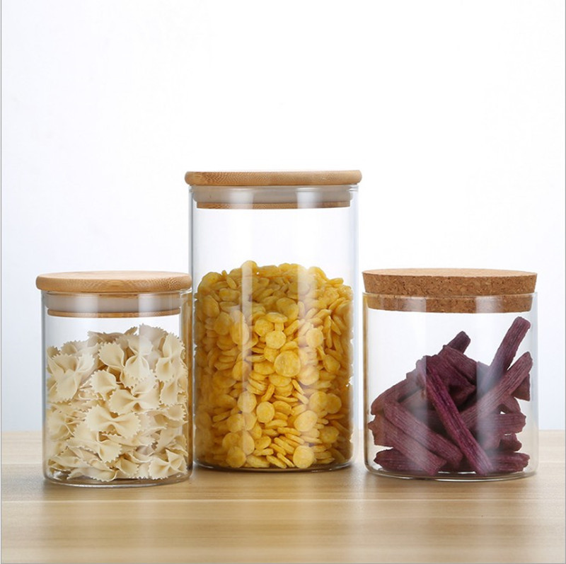 Directo de fábrica de alta vidrio de borosilicato sellado frasco botella vacía cubierta de bambú tarro de té tarro de almacenamiento de vidrio transparente