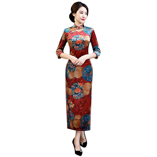 Chinese Dresses Qipao for women robe chinoise cheongsam Long velvet cheongsam skirt, retro traditional performance cheongsam