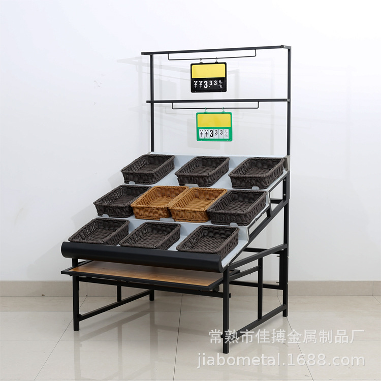 超市果蔬架 三层水果蔬菜架 超市便利店简易果蔬架 编织篮架